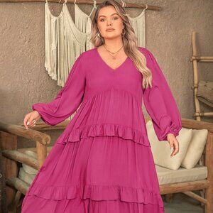 Plus Size Ruffled V-Neck Long Sleeve Dress